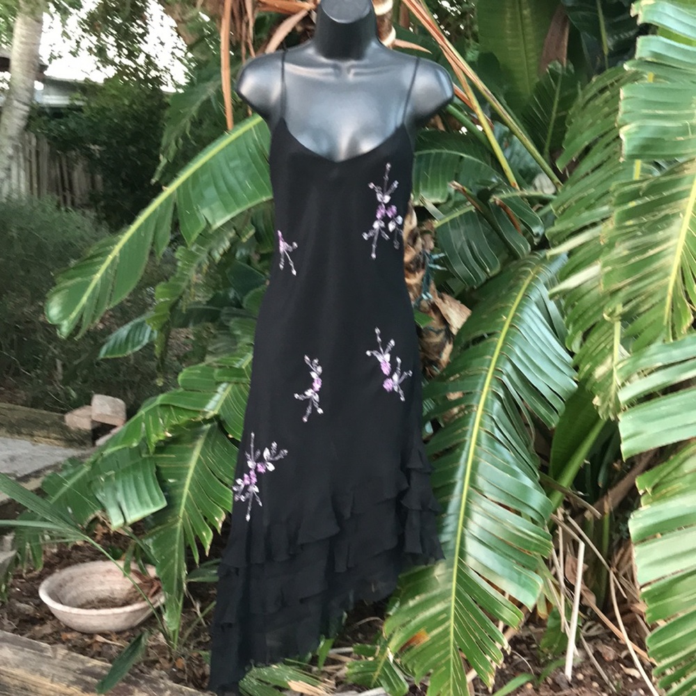 dark floral silk bias cut assymetric slip dress